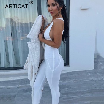 Cotton Sexy Hollow Out Bandage Jumpsuit Women Sleeveless Backless Bodycon Rompers Womens Jumpsuit Autumn Party Playsuit